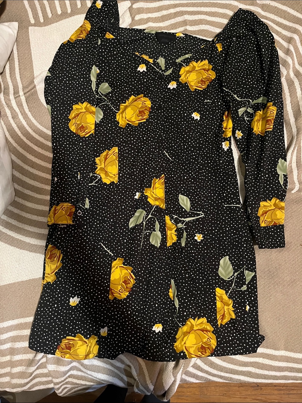 Black Floral Puff-Sleeve Tunic Top with Yellow Rose Print